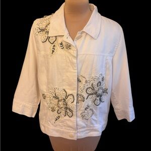 Coldwater Creek White Linen Embellished Jean Jacket Size 14